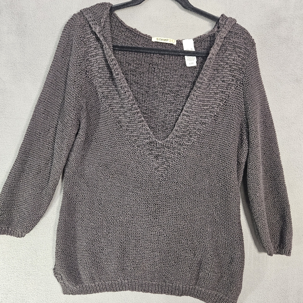 Y2K Stamp10 Womens XL Ribbon Sweater Deep Vneck Hoodie Dark Gray Textured